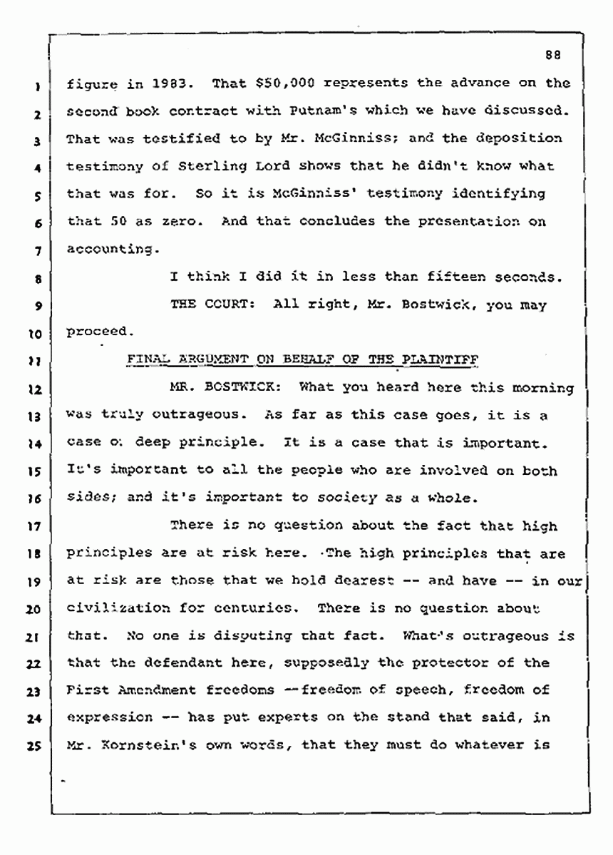 Los Angeles, California Civil Trial<br>Jeffrey MacDonald vs. Joe McGinniss<br><br>August 13, 1987:<br>Final Arguments for Plaintiff Jeffrey MacDonald, p. 88