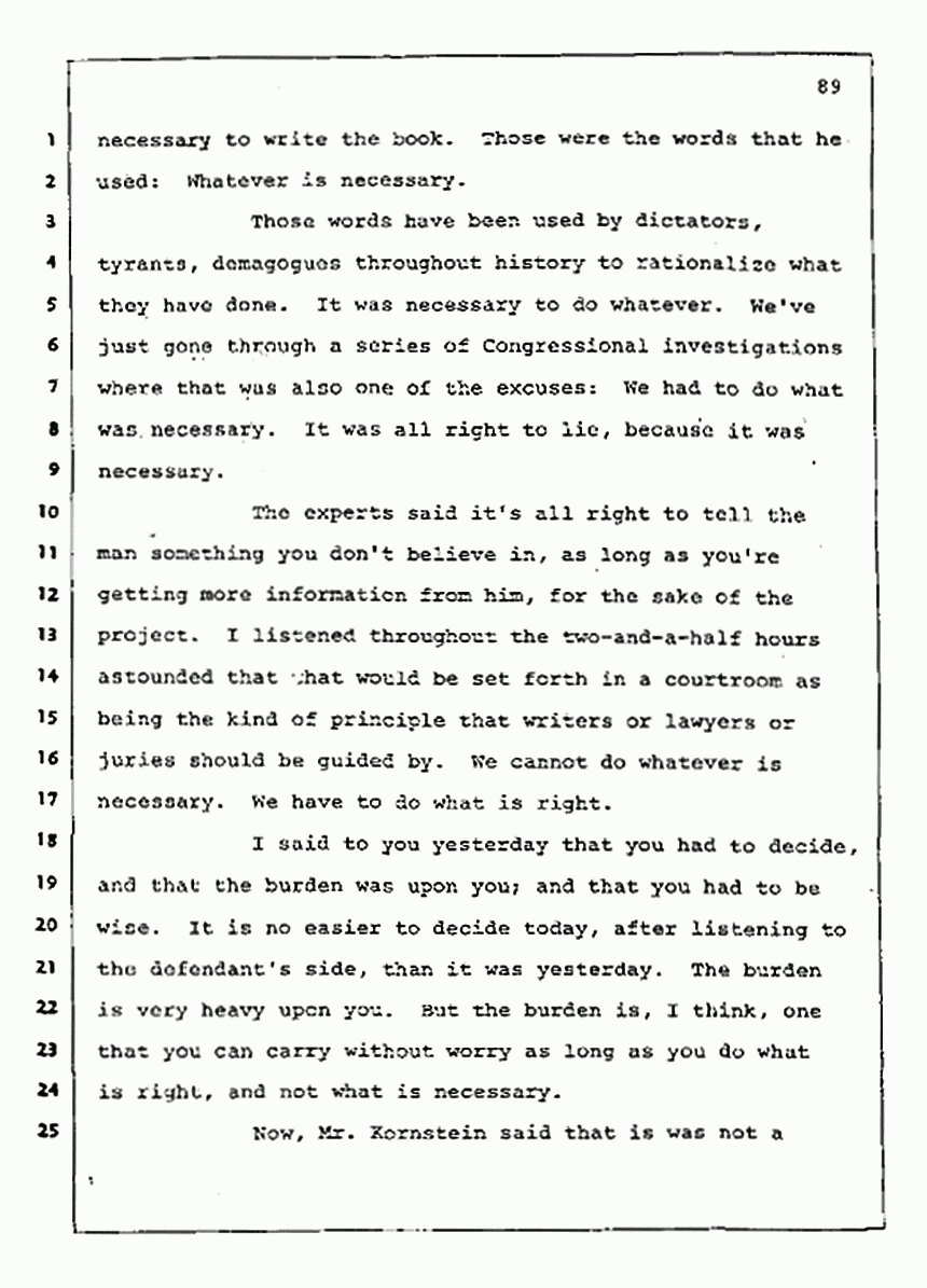 Los Angeles, California Civil Trial<br>Jeffrey MacDonald vs. Joe McGinniss<br><br>August 13, 1987:<br>Final Arguments for Plaintiff Jeffrey MacDonald, p. 89