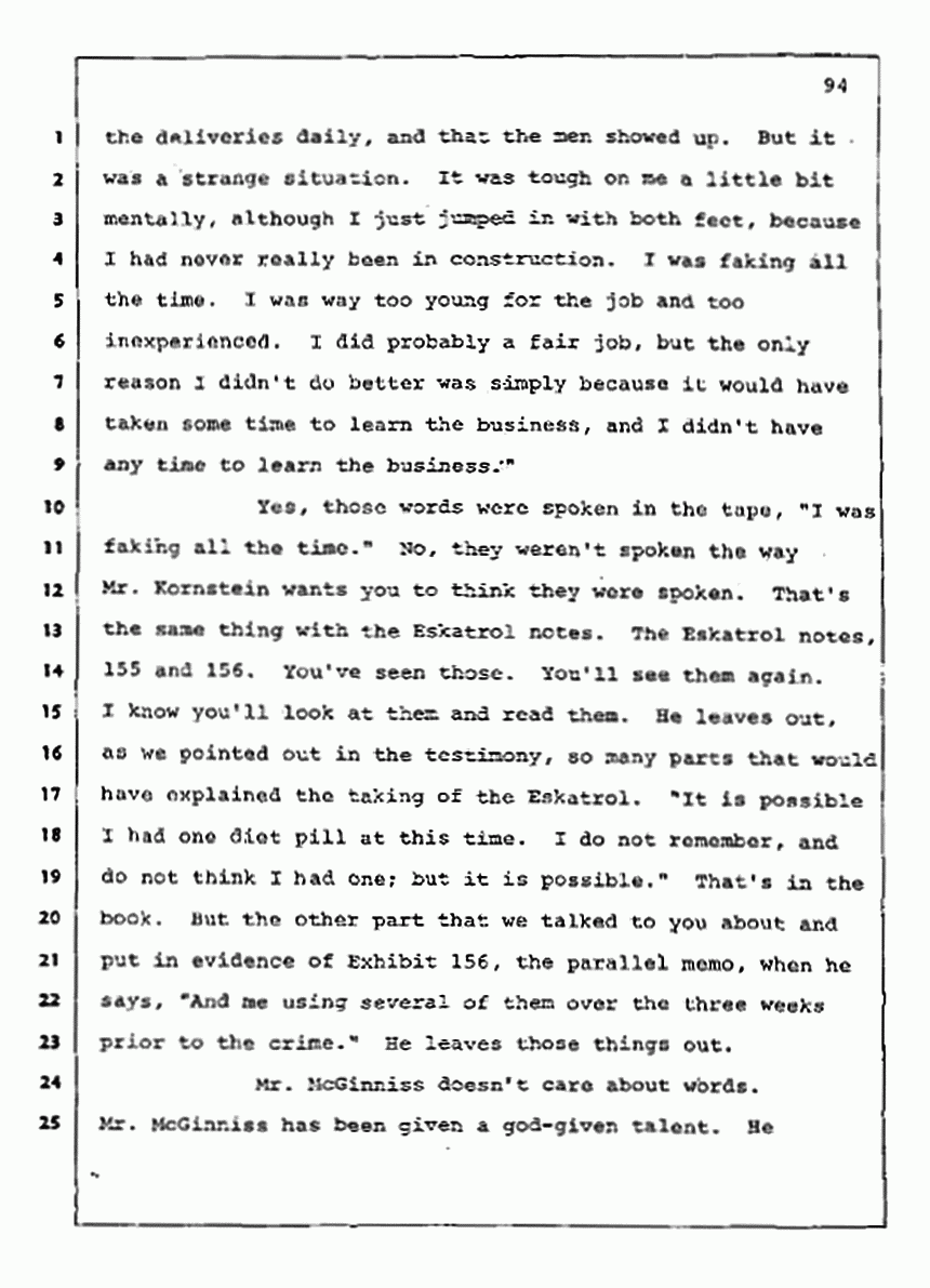 Los Angeles, California Civil Trial<br>Jeffrey MacDonald vs. Joe McGinniss<br><br>August 13, 1987:<br>Final Arguments for Plaintiff Jeffrey MacDonald, p. 94