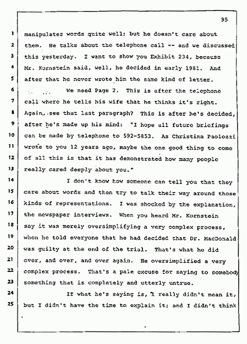 Los Angeles, California Civil Trial<br>Jeffrey MacDonald vs. Joe McGinniss<br><br>August 13, 1987:<br>Final Arguments for Plaintiff Jeffrey MacDonald, p. 95