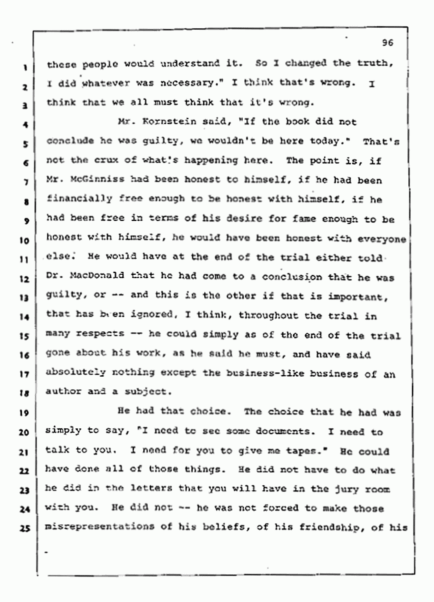 Los Angeles, California Civil Trial<br>Jeffrey MacDonald vs. Joe McGinniss<br><br>August 13, 1987:<br>Final Arguments for Plaintiff Jeffrey MacDonald, p. 96