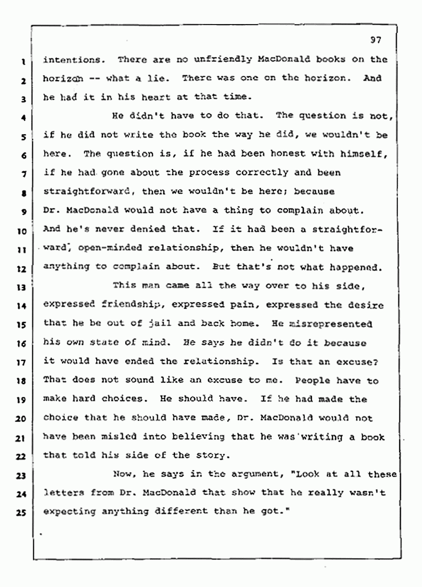 Los Angeles, California Civil Trial<br>Jeffrey MacDonald vs. Joe McGinniss<br><br>August 13, 1987:<br>Final Arguments for Plaintiff Jeffrey MacDonald, p. 97
