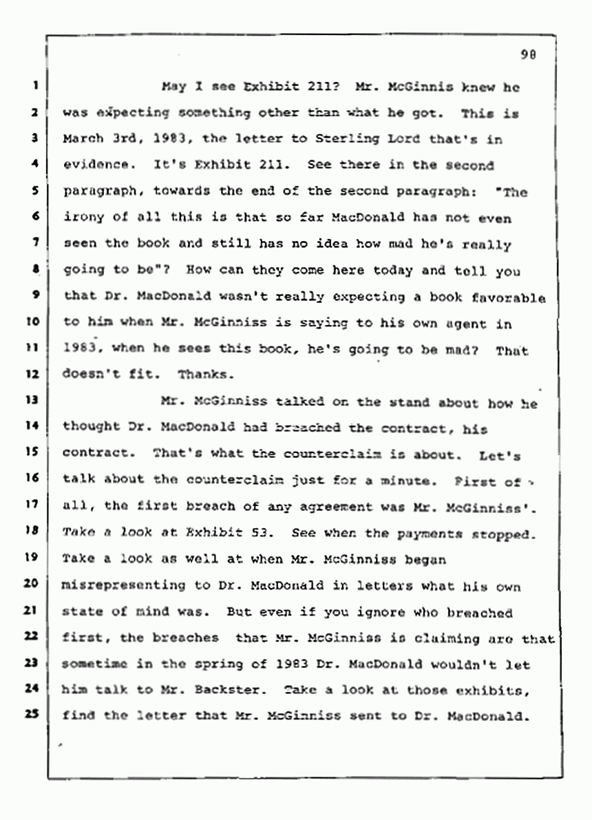Los Angeles, California Civil Trial<br>Jeffrey MacDonald vs. Joe McGinniss<br><br>August 13, 1987:<br>Final Arguments for Plaintiff Jeffrey MacDonald, p. 98