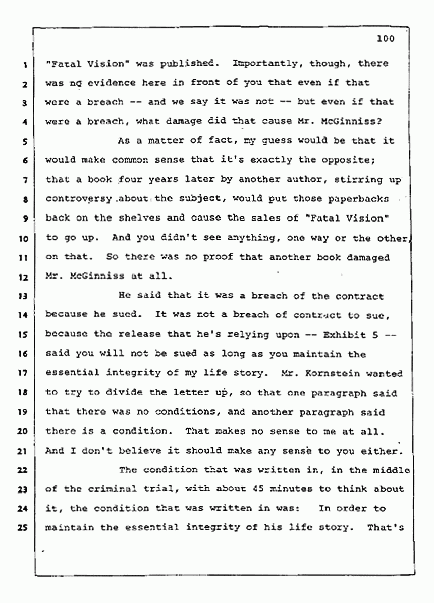 Los Angeles, California Civil Trial<br>Jeffrey MacDonald vs. Joe McGinniss<br><br>August 13, 1987:<br>Final Arguments for Plaintiff Jeffrey MacDonald, p. 100