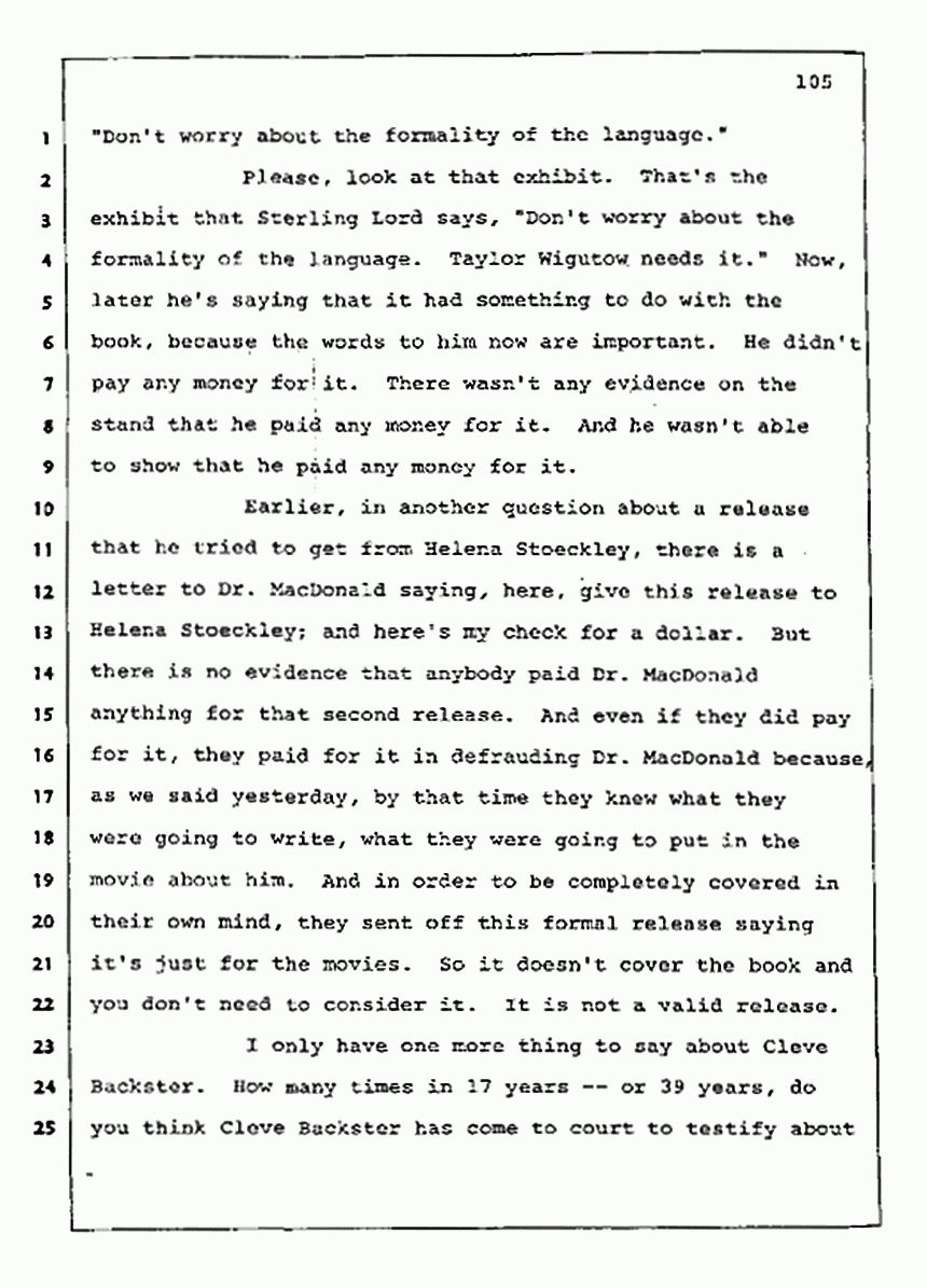 Los Angeles, California Civil Trial<br>Jeffrey MacDonald vs. Joe McGinniss<br><br>August 13, 1987:<br>Final Arguments for Plaintiff Jeffrey MacDonald, p. 105