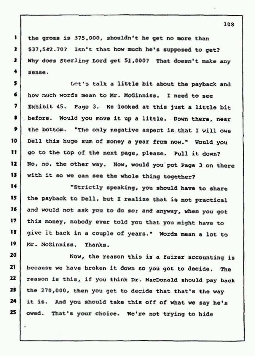 Los Angeles, California Civil Trial<br>Jeffrey MacDonald vs. Joe McGinniss<br><br>August 13, 1987:<br>Final Arguments for Plaintiff Jeffrey MacDonald, p. 108