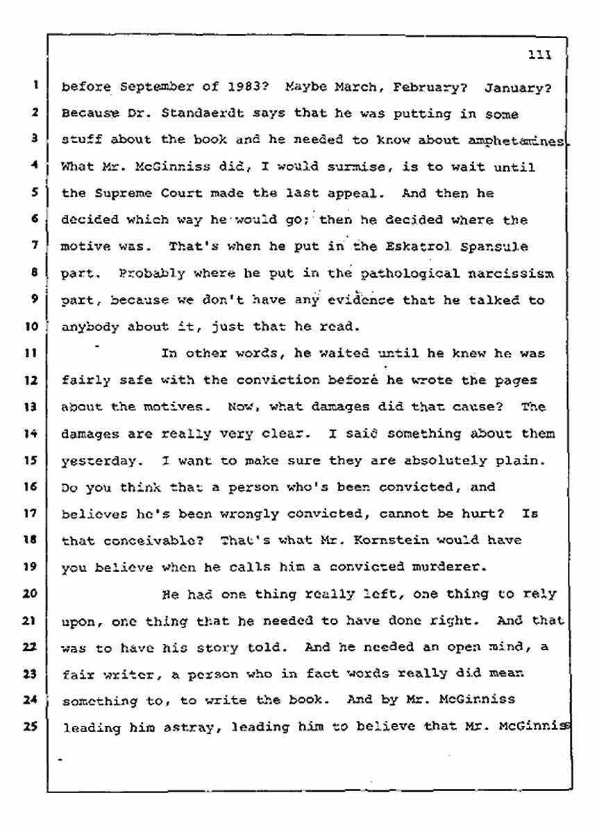 Los Angeles, California Civil Trial<br>Jeffrey MacDonald vs. Joe McGinniss<br><br>August 13, 1987:<br>Final Arguments for Plaintiff Jeffrey MacDonald, p. 111