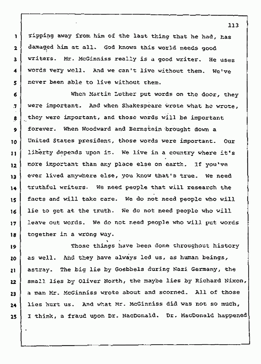 Los Angeles, California Civil Trial<br>Jeffrey MacDonald vs. Joe McGinniss<br><br>August 13, 1987:<br>Final Arguments for Plaintiff Jeffrey MacDonald, p. 113
