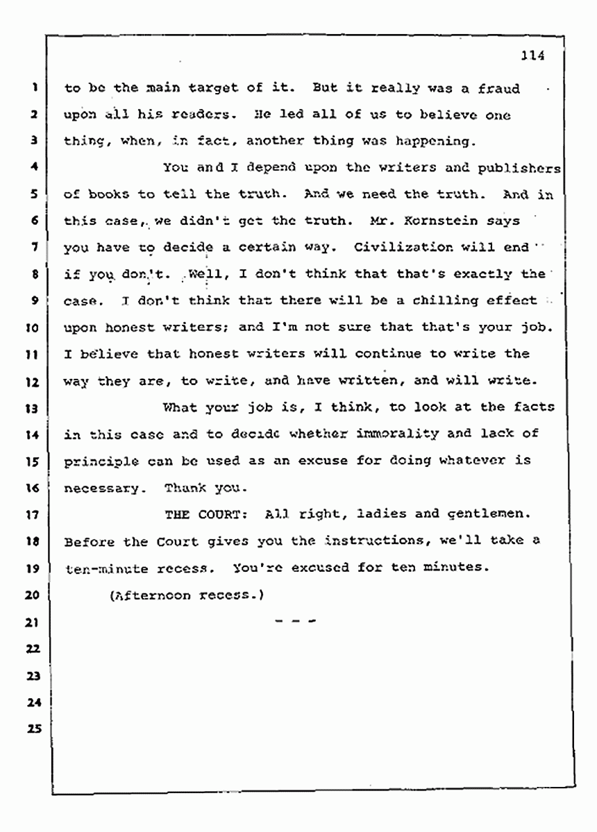 Los Angeles, California Civil Trial<br>Jeffrey MacDonald vs. Joe McGinniss<br><br>August 13, 1987:<br>Final Arguments for Plaintiff Jeffrey MacDonald, p. 114